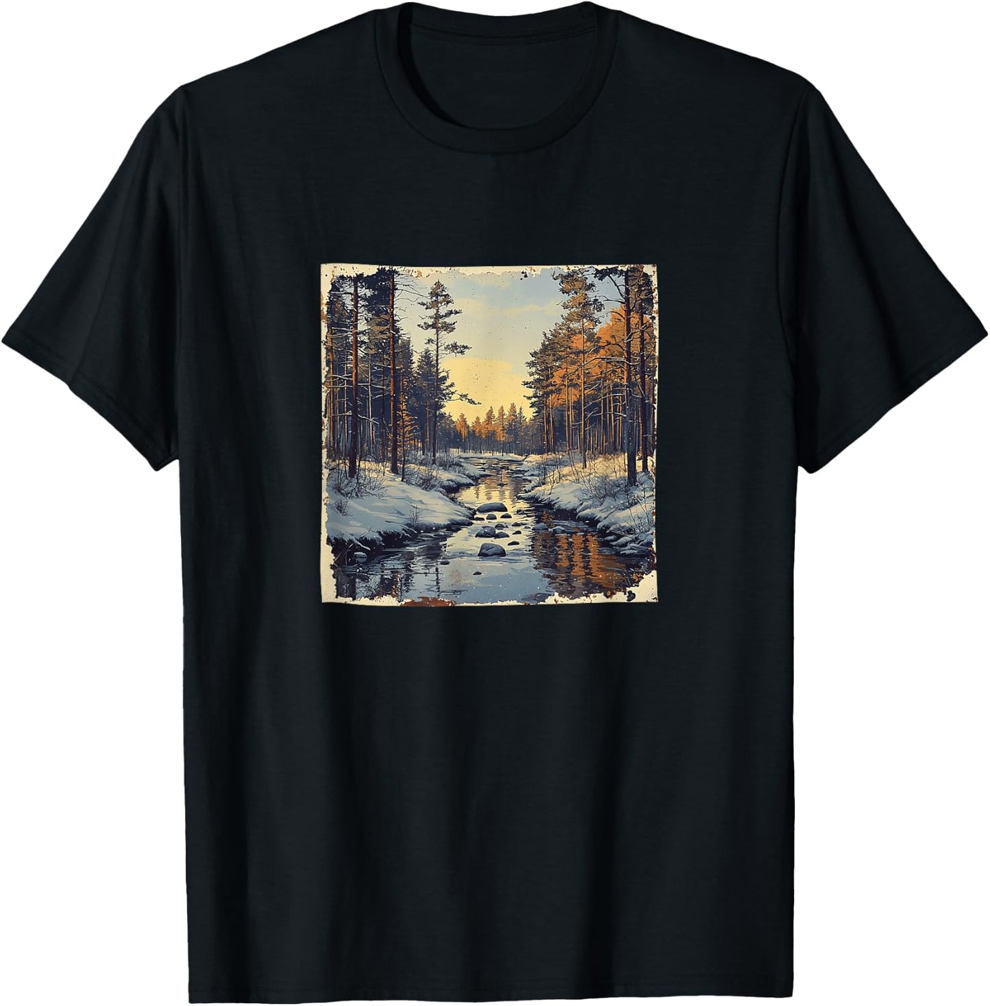 River In Winter Forest Vintage Landscape Graphic T-Shirt - T-Shirt | Black