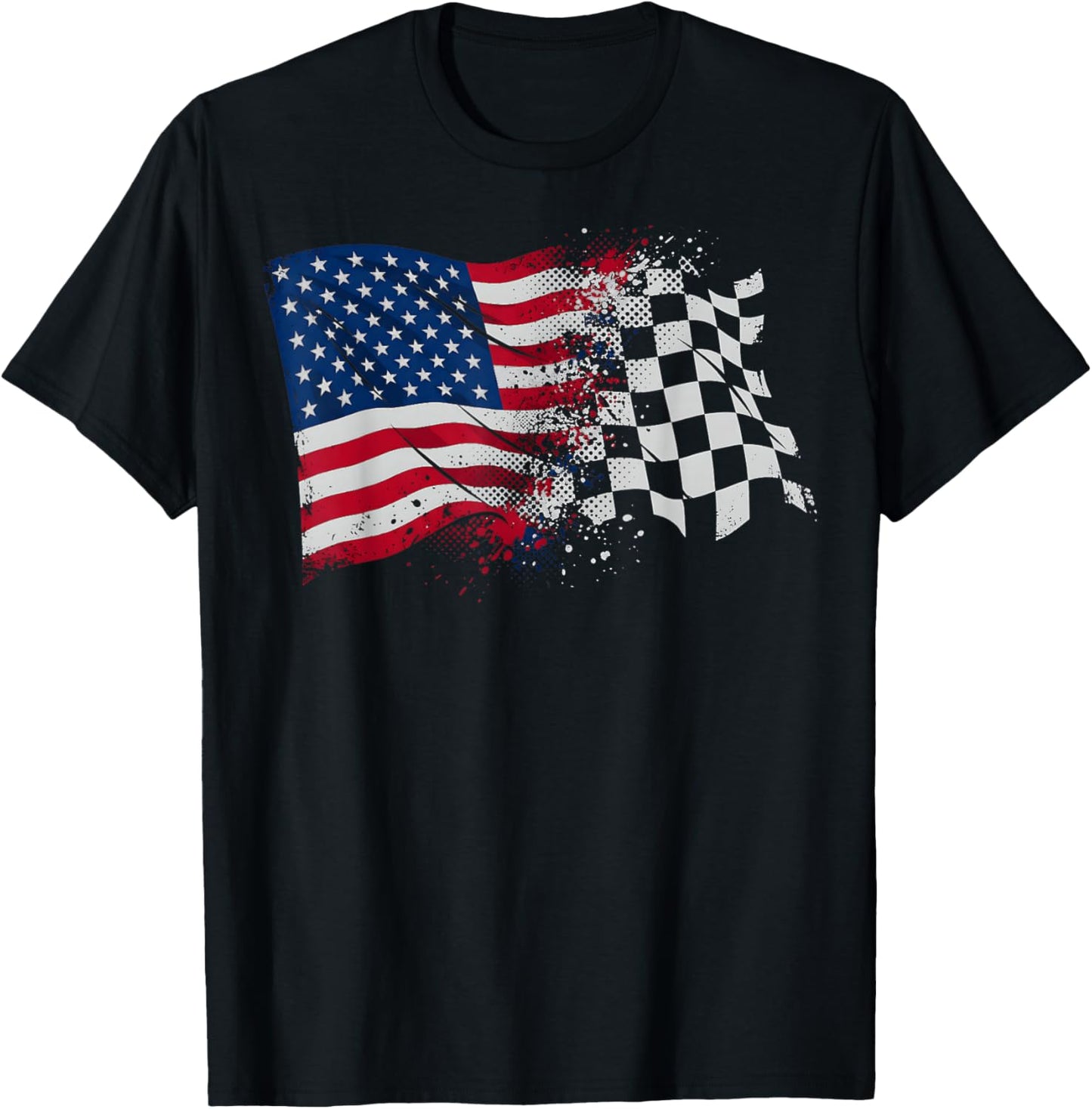 4th of July Checkered USA American Flag Car Racing Track T-Shirt - T-Shirt | Black
