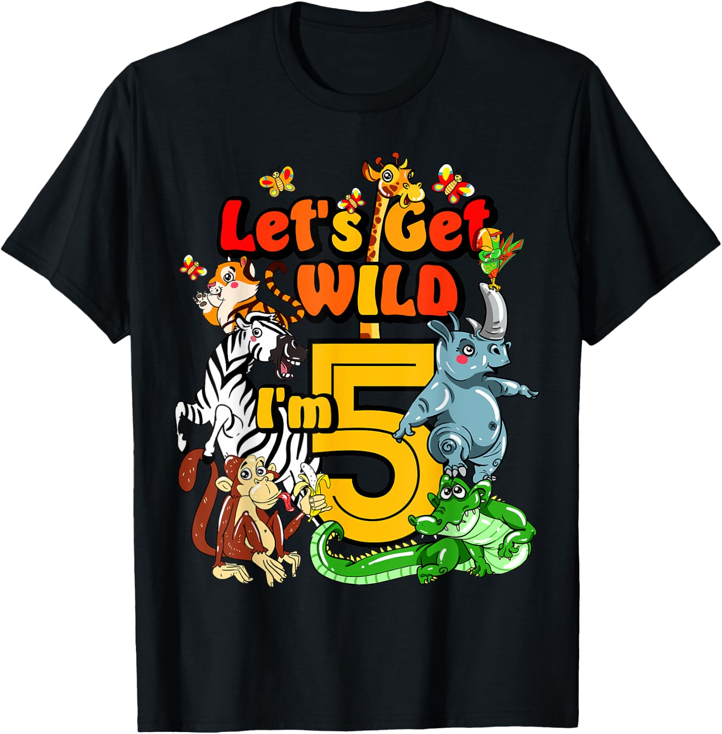 Kids 5 Year Old Zoo Birthday Shirt Safari Jungle Animal 5th T-Shirt - T-Shirt | Black