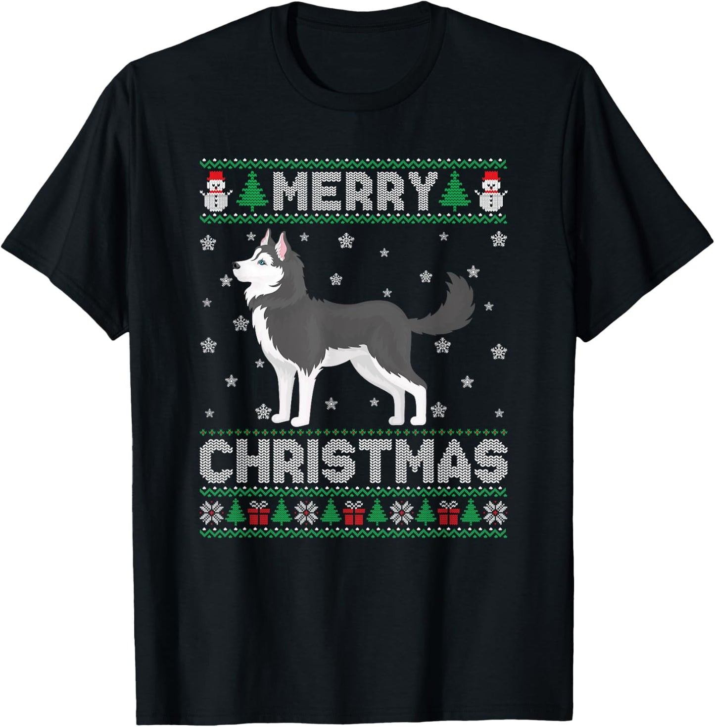 Siberian Husky Dog Men Women Kids Ugly Christmas Sweater T-Shirt - T-Shirt | Black