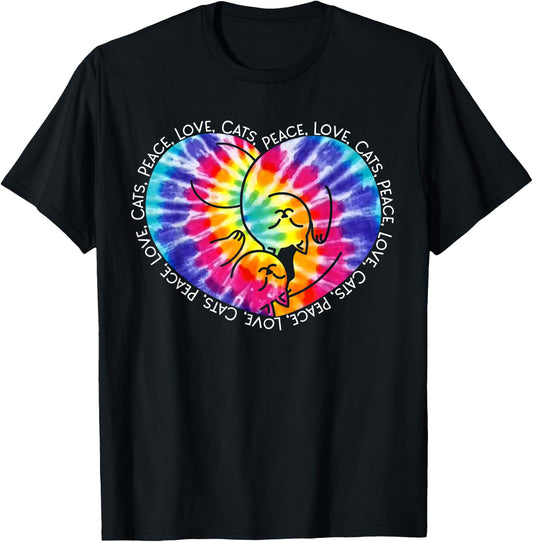 Peace Love Cats Tie Dye Heart Kitty Hippie Groovy Retro Gift T-Shirt - T-Shirt | Black