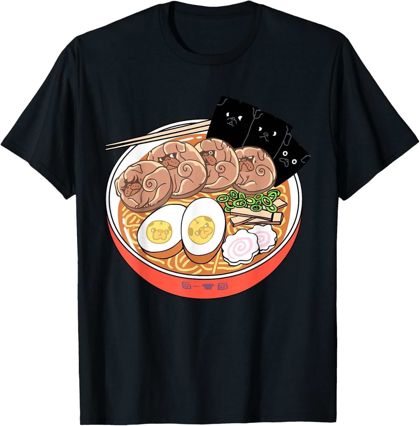 Ramen Pugs Funny T- Shirt by Huebucket T-Shirt - T-Shirt | Black
