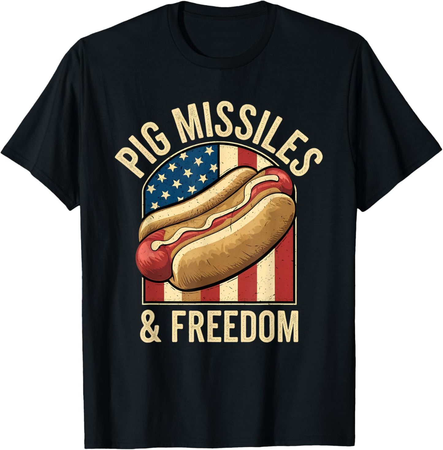 Pig Missiles & Freedom 4th of July Patriotic USA Flag Hotdog T-Shirt - T-Shirt | Black
