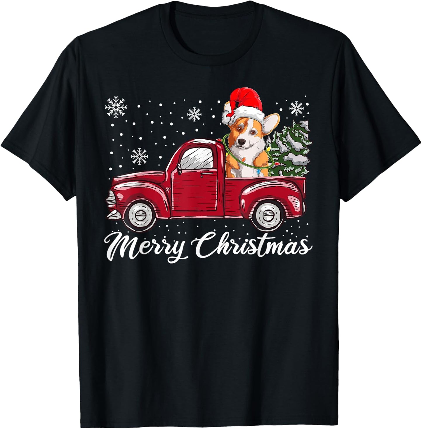 Merry Christmas Dog Sweater, Red Truck Welsh Corgi Pajama T-Shirt - T-Shirt | Black