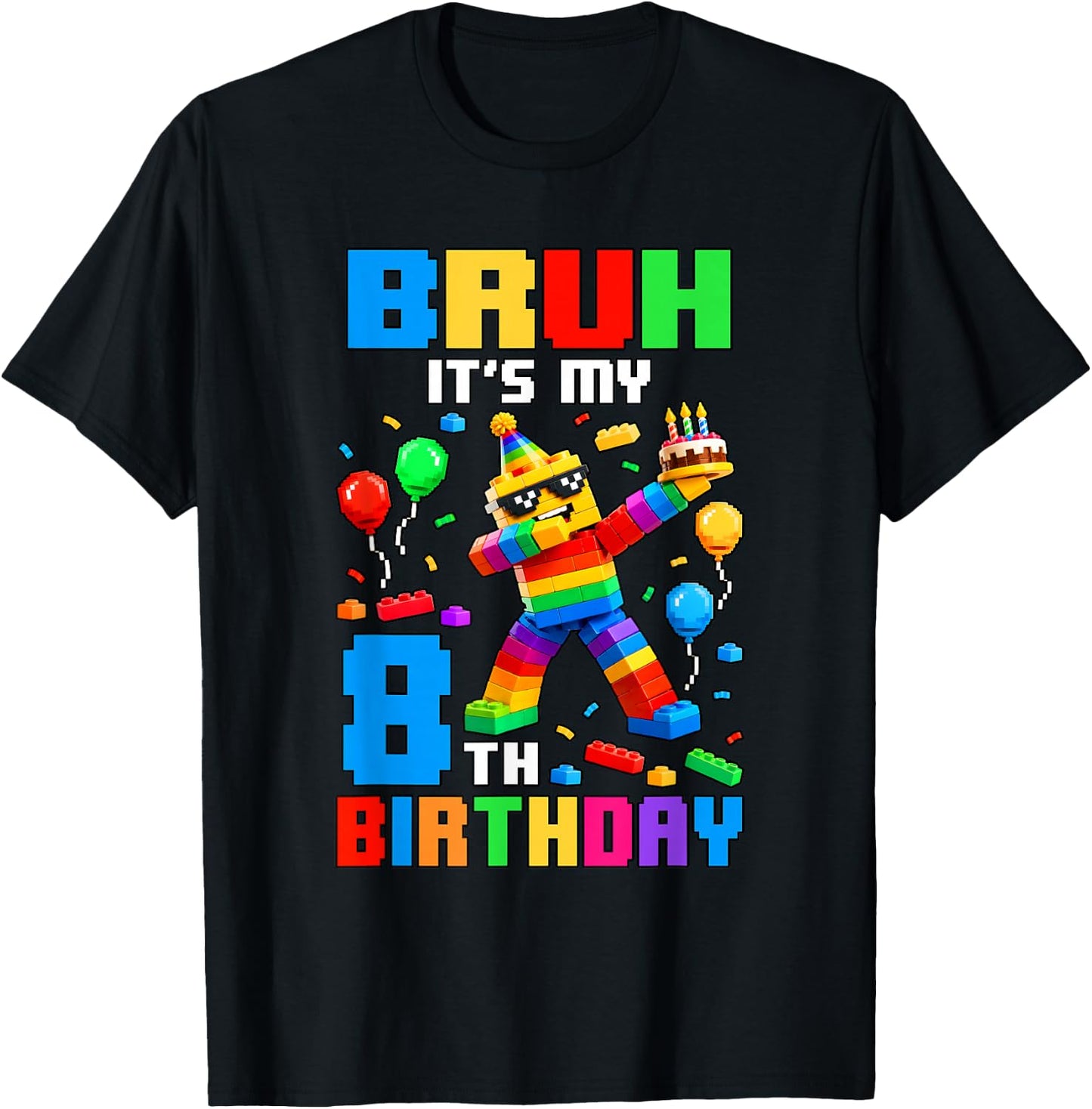 Bruh It's My 8th Birthday Building Brick 8 Years Old Boys T-Shirt - T-Shirt | Black