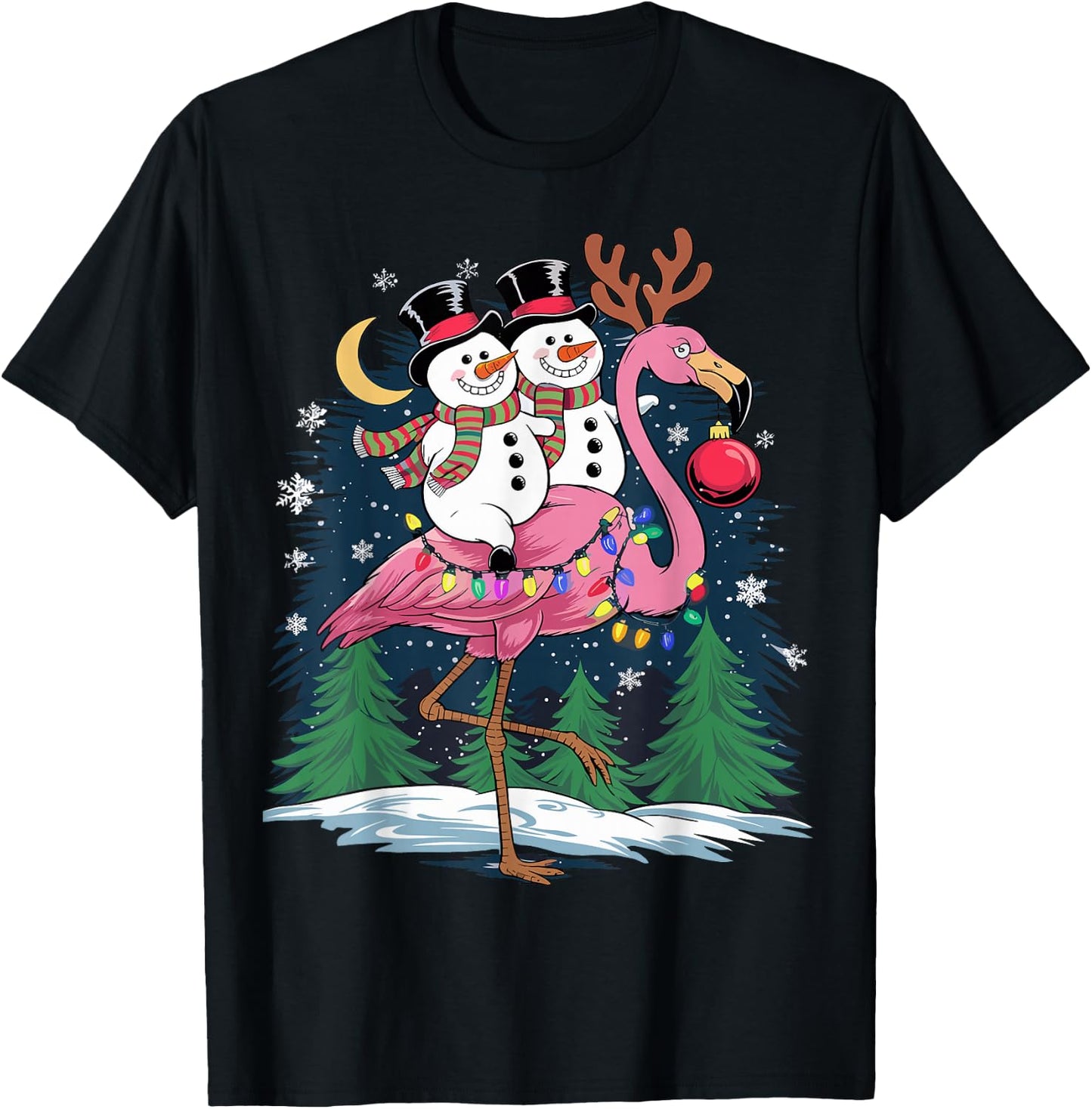 Christmas Snowman Riding Flamingo Xmas Girls Women T-Shirt - T-Shirt | Black