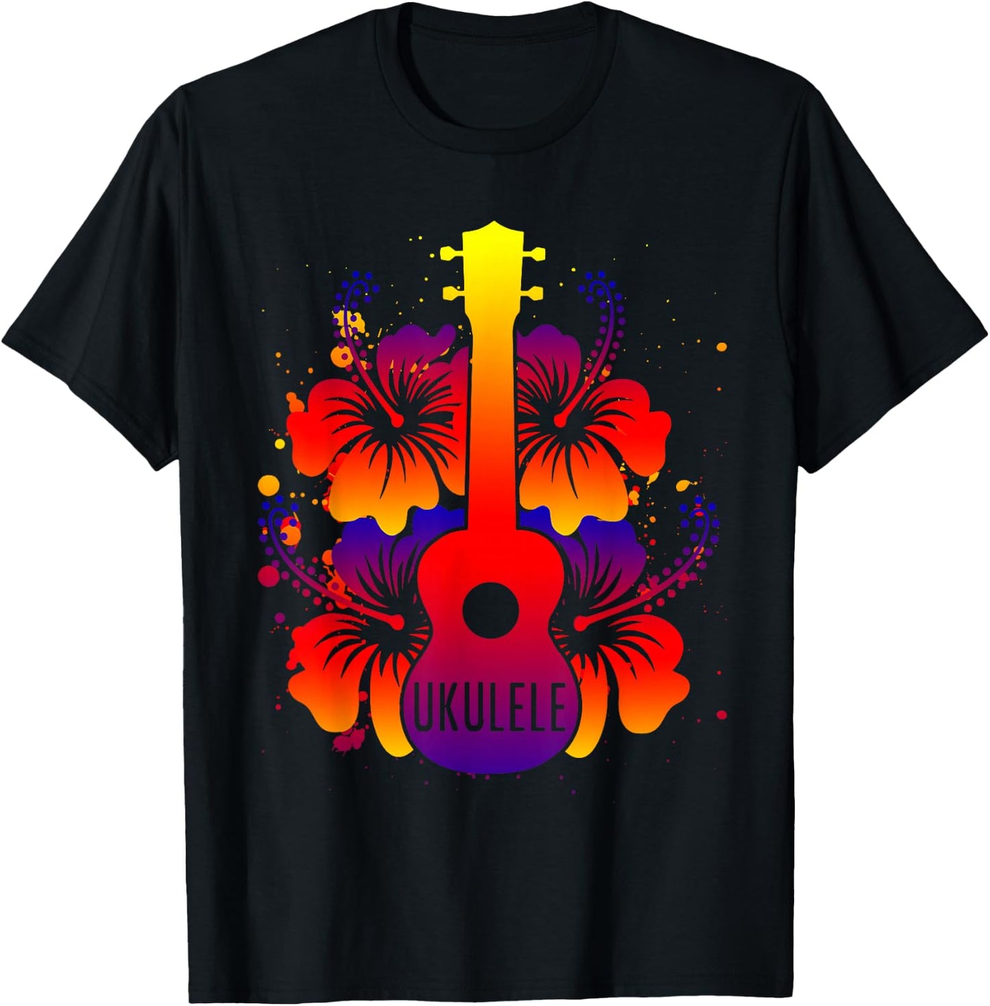Ukulele - Hawaiian Hibiscus Flowers Floral Summer T-Shirt - T-Shirt | Black