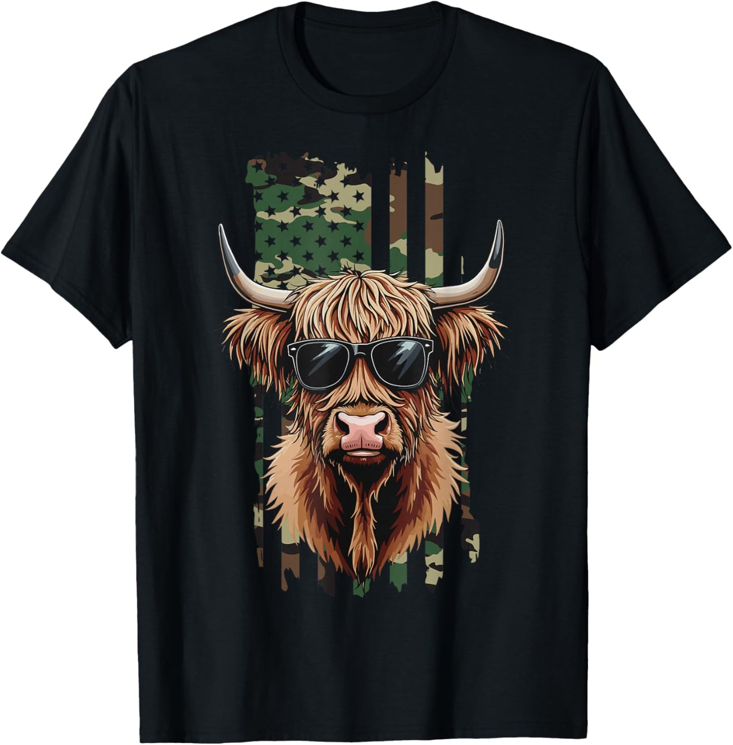 Highland Cow Camo American Flag, Patriotic Highland Cow T-Shirt - T-Shirt | Black