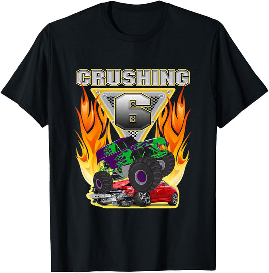 Monster Truck Crushing being 6 Six Years Old 6th Birthday T-Shirt - T-Shirt | Black