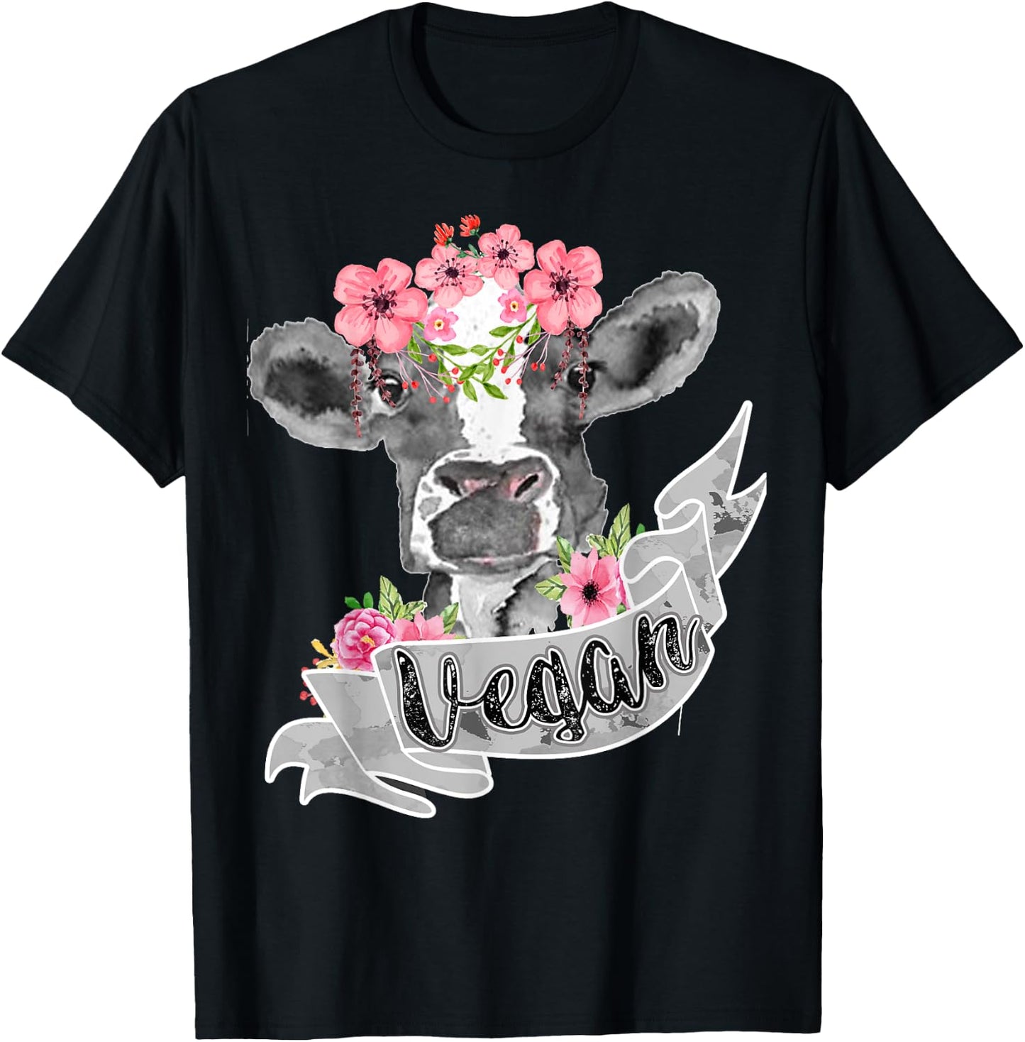 Vegetarian Humor Fashion Vegan Funny Cow With Flower Headband Gift T-Shirt - T-Shirt | Black