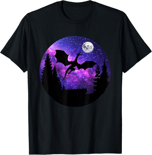 Dragon In Night Sky Full Moon Purple Galaxy Cosmic Art T-Shirt - T-Shirt | Black