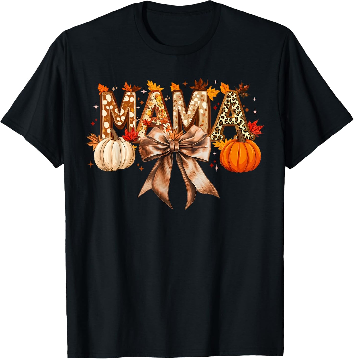 Retro Mama Coquette Bows Leopard Mom Fall Thanksgiving Women T-Shirt - T-Shirt | Black