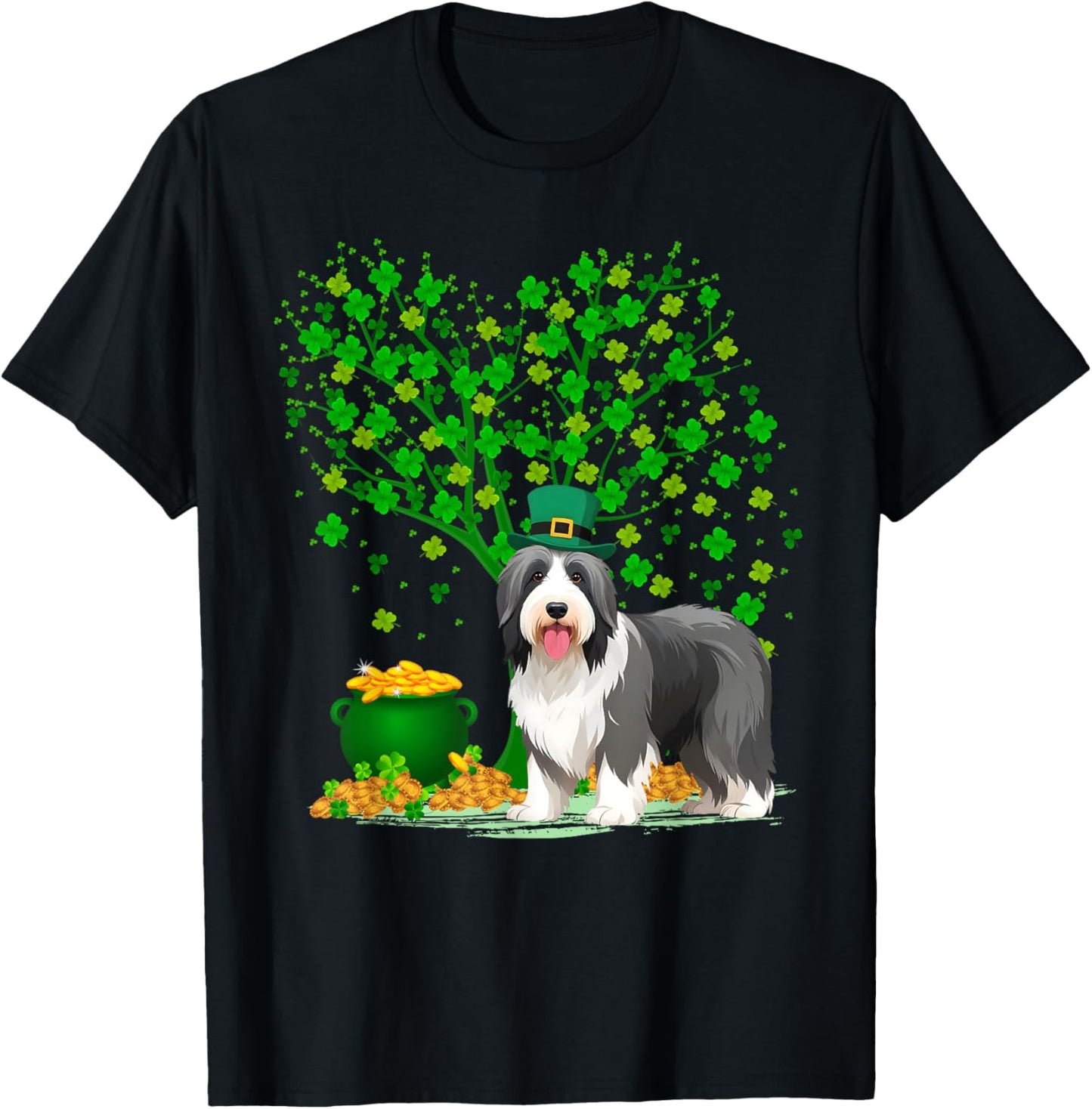 Shamrock Tree Leprechaun Bearded Collie Dog St Patrick's Day T-Shirt - T-Shirt | Black