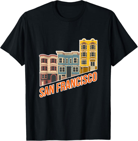 San Francisco Cityscape Colorful Vintage Houses California T-Shirt - T-Shirt | Black