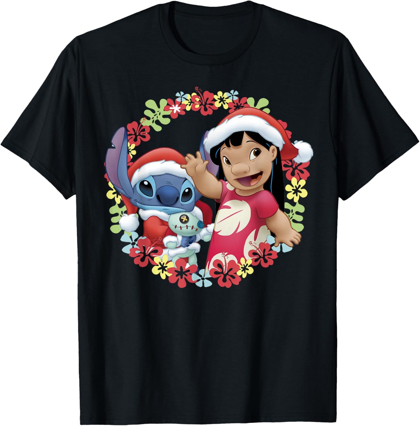 Disney Lilo & Stitch Christmas Hawaiian Flower Wreath T-Shirt - T-Shirt | Black