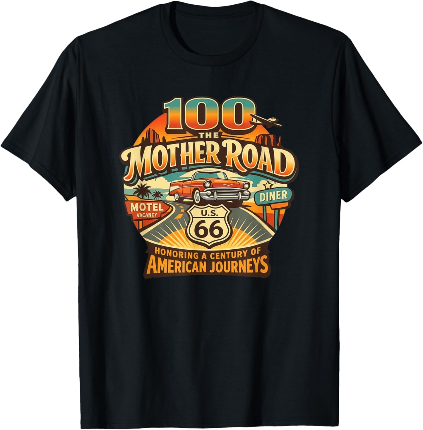 Retro US HWY 66 100th Anniversary Centennial The Mother Road T-Shirt - T-Shirt | Black