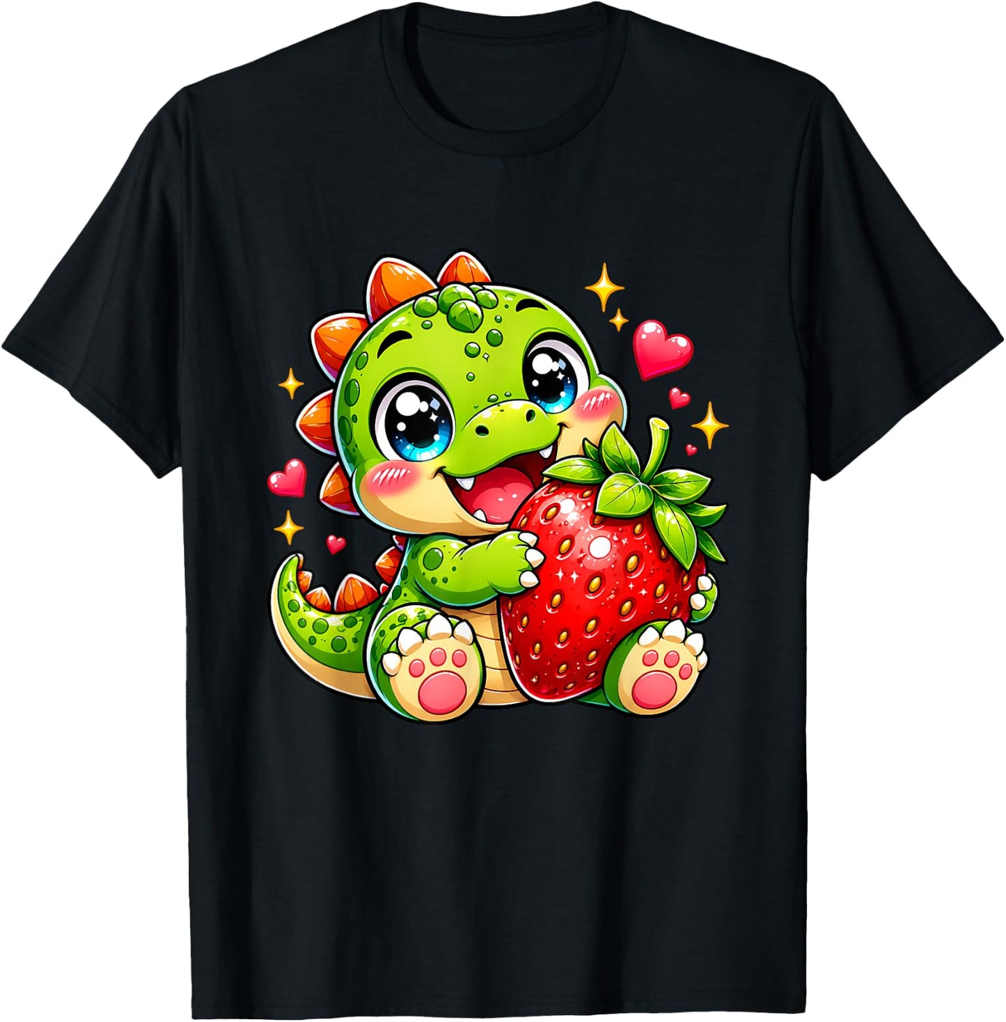 Cute Kawaii Strawberry Baby Dinosaur Summer Fruit Lover Gift T-Shirt - T-Shirt | Black