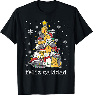 Feliz Navidad Cat Lover Xmas Tree Spanish Mexican Christmas T-Shirt - T-Shirt | Black