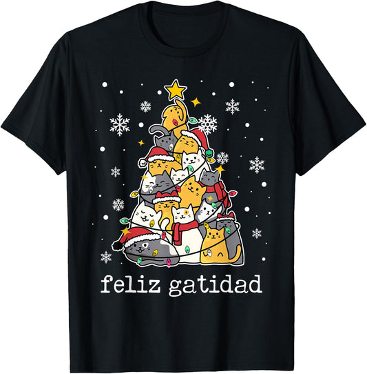 Feliz Navidad Cat Lover Xmas Tree Spanish Mexican Christmas T-Shirt - T-Shirt | Black