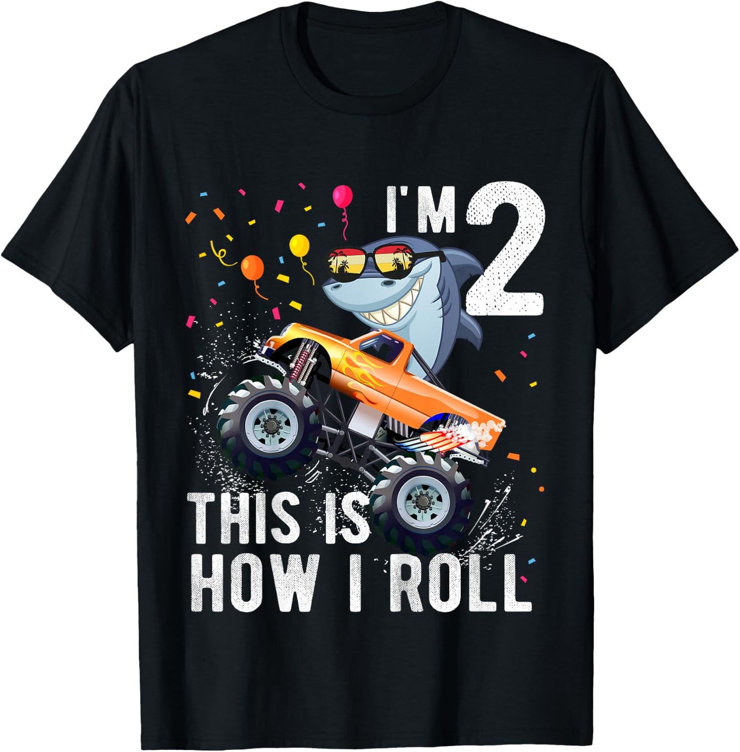 Shark Monster Truck 2nd Birthday Boys and Girls T-Shirt - T-Shirt | Black