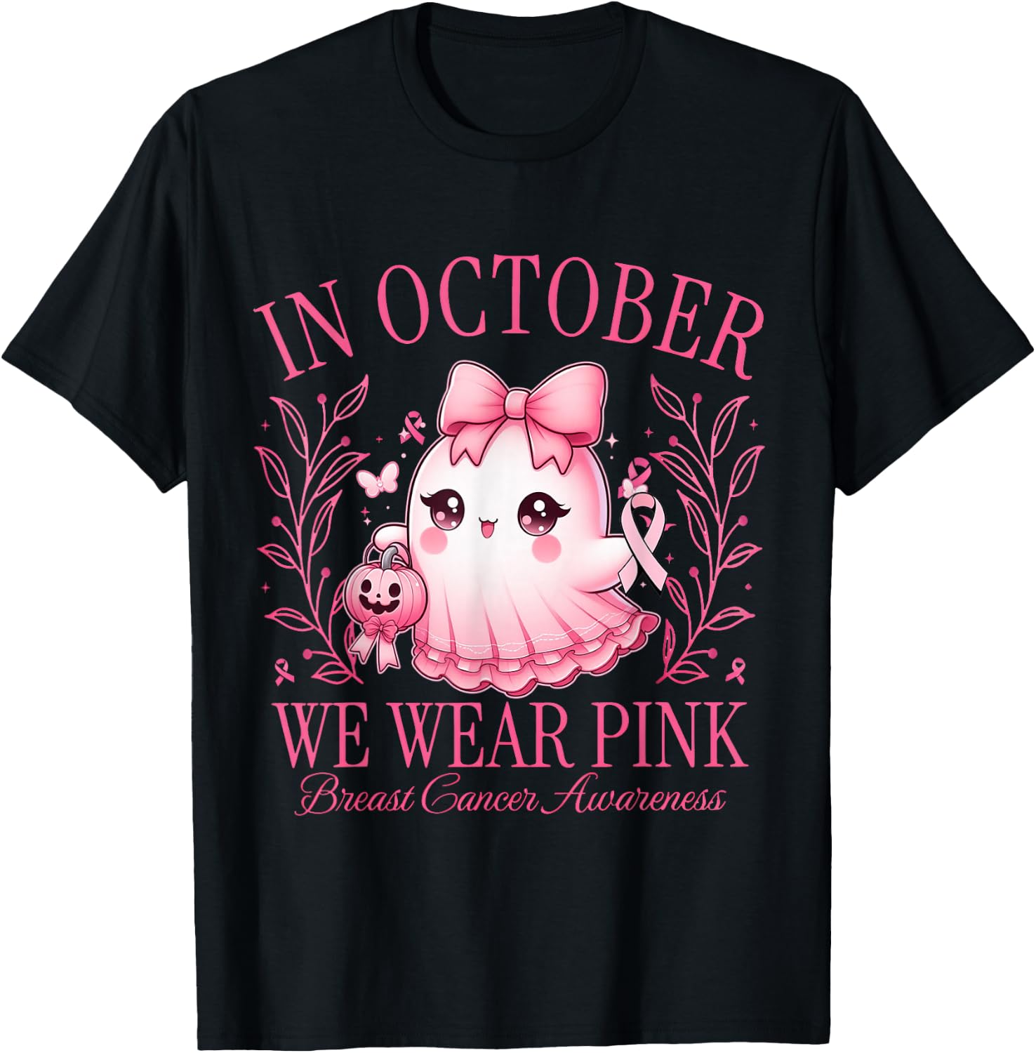 In October We Wear Pink Breast Cancer Ghost Coquetty T-Shirt - T-Shirt | Black