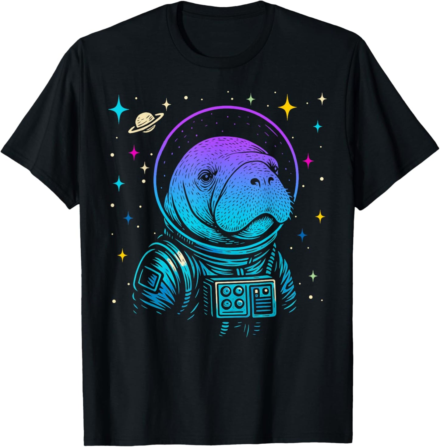 Colorful Astronaut Manatee Space Galaxy Sea Cow T-Shirt - T-Shirt | Black