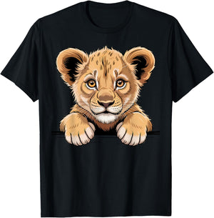 Cute Lion Cub Funny Peeking Pocket Wild Animal Lover T-Shirt - T-Shirt | Black