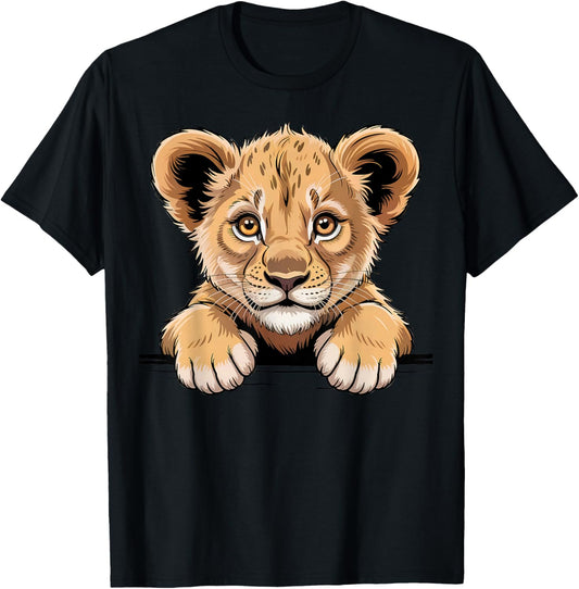 Cute Lion Cub Funny Peeking Pocket Wild Animal Lover T-Shirt - T-Shirt | Black