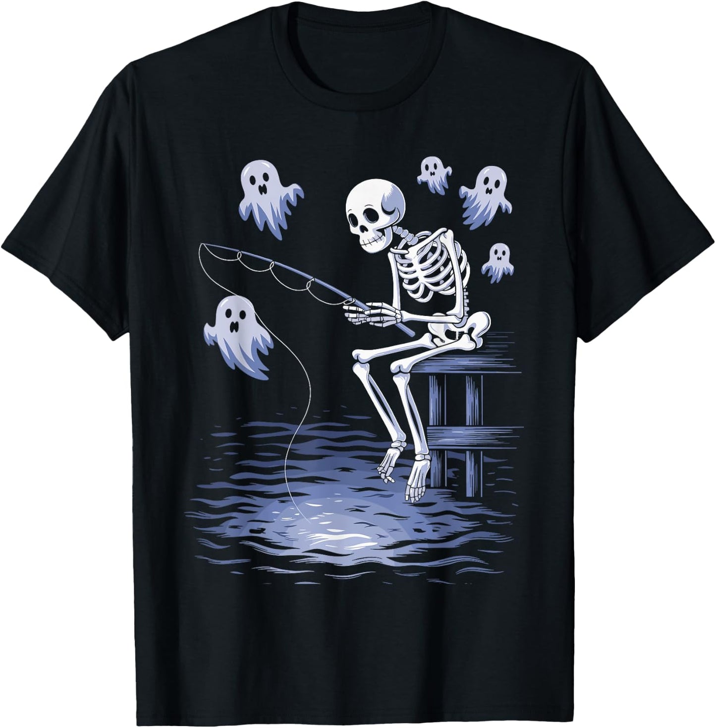 Funny Skeleton Fishing Lovers Spooky Halloween Fisherman T-Shirt - T-Shirt | Black