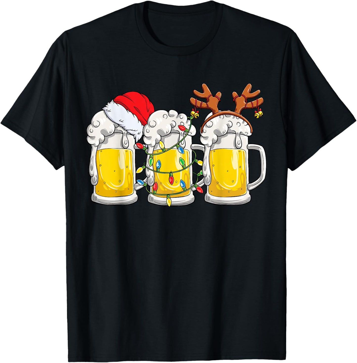 Beer Christmas Mug Santa Reinbeer Xmas Tree Lights Men Women T-Shirt - T-Shirt | Black