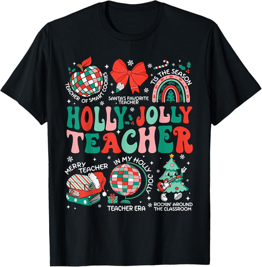 Holly n Jolly Teacher Christmas Coquette Bow Retro Xmas Pjs T-Shirt - T-Shirt | Black
