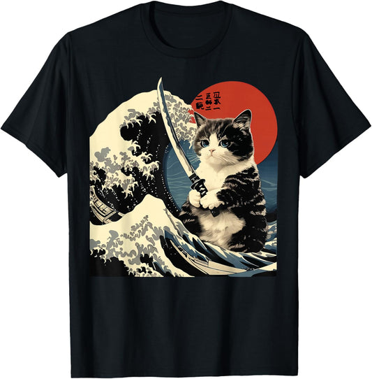 Japanese Cat Katana Japan Samurai T-Shirt - T-Shirt | Black