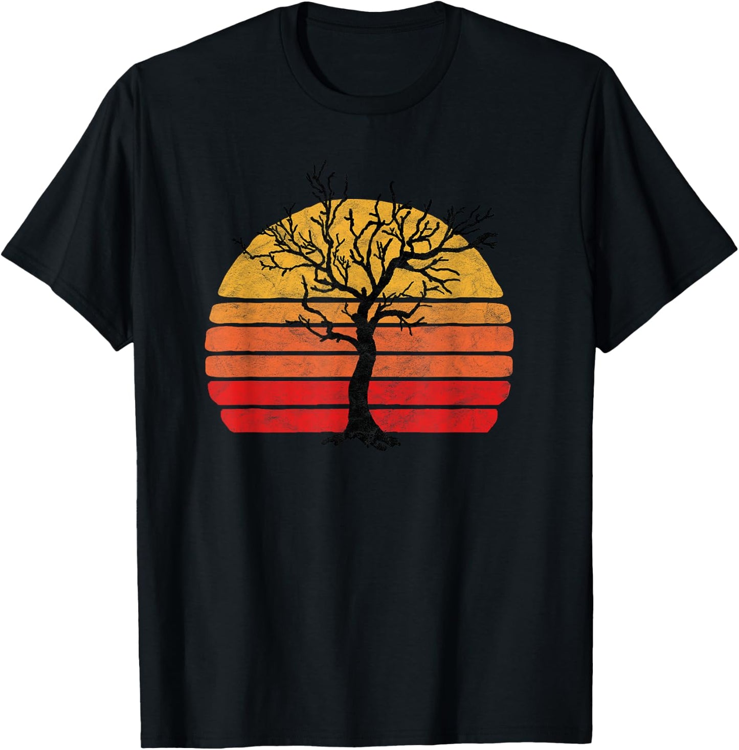 Retro Sun Minimalist Leafless Tree Design Graphic T-Shirt - T-Shirt | Black