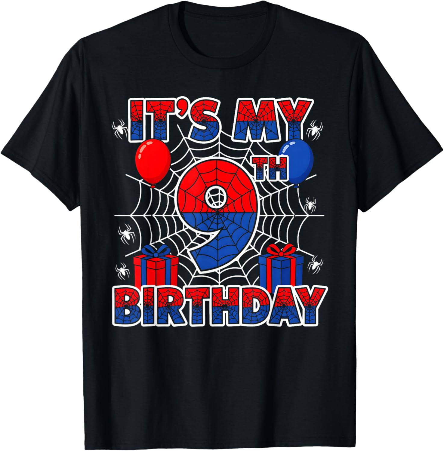 Its My 9th Birthday Boy 9 Year Old Spider Web Birthday Party T-Shirt - T-Shirt | Black