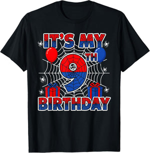 Its My 9th Birthday Boy 9 Year Old Spider Web Birthday Party T-Shirt - T-Shirt | Black