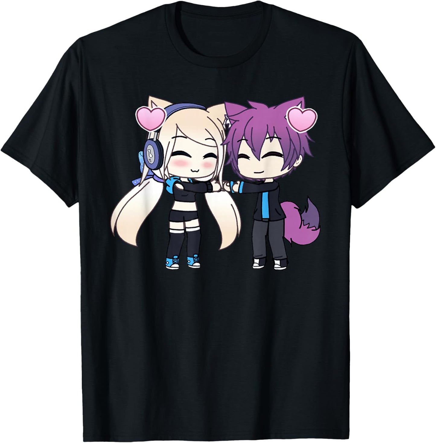 Cute Chibi Style Kawaii Anime Girl and Boy Couple and Hearts T-Shirt - T-Shirt | Black