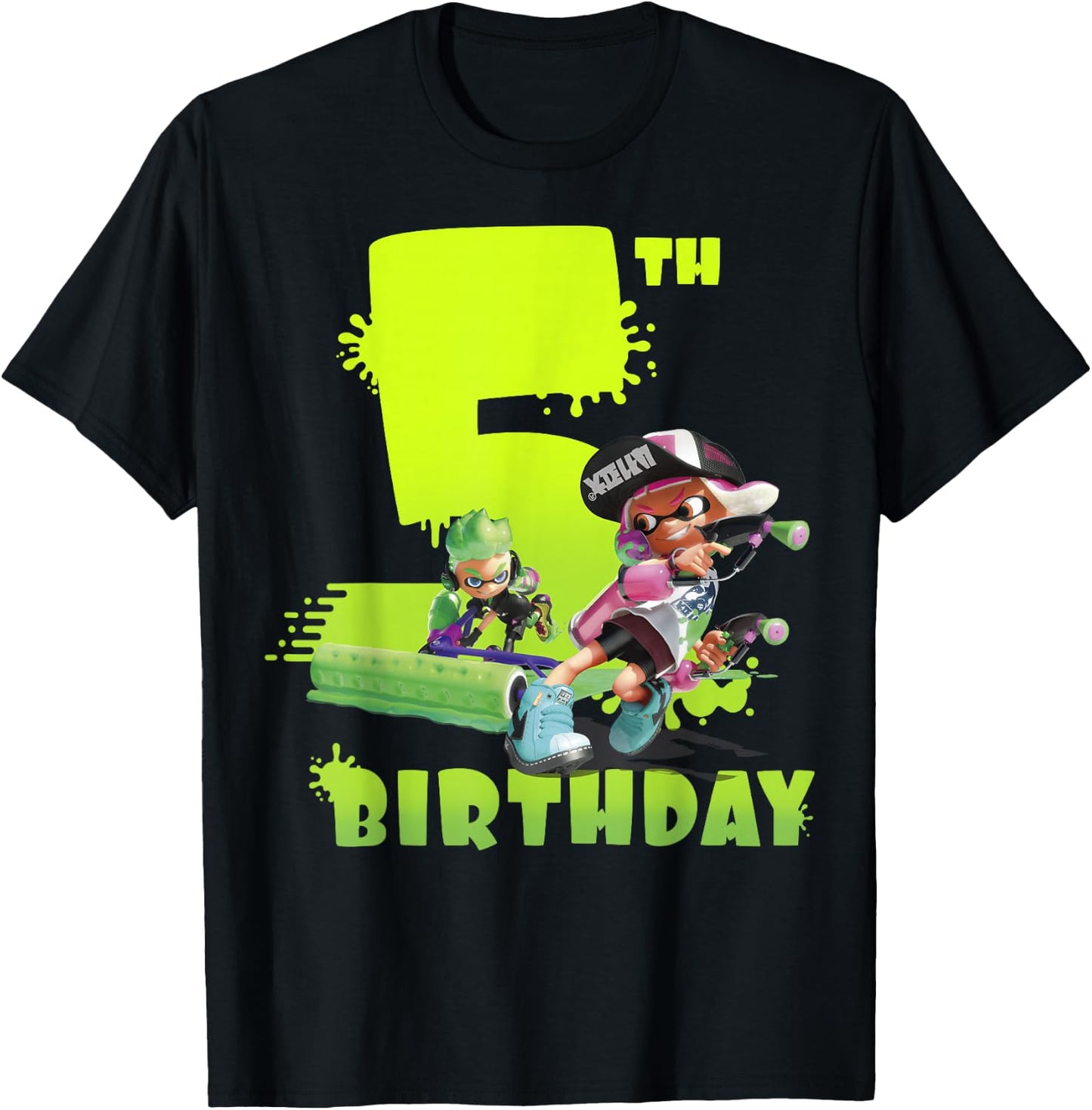 Splatoon Inkling 5th Birthday Green Splatter Portrait T-Shirt - T-Shirt | Black