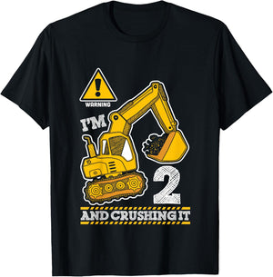 Construction Truck 2nd Birthday 2 Years Old Digger Builder T-Shirt - T-Shirt | Black