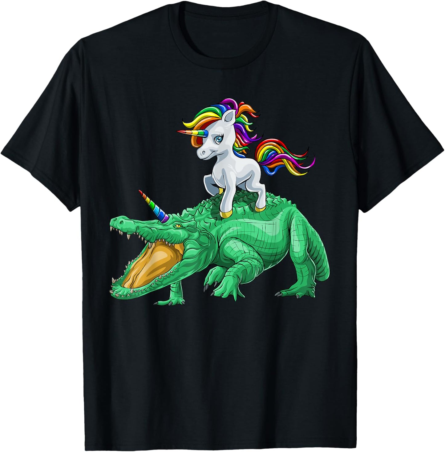 Unicorn Riding Crocodile Alligator Reptile Animal T-Shirt - T-Shirt | Black