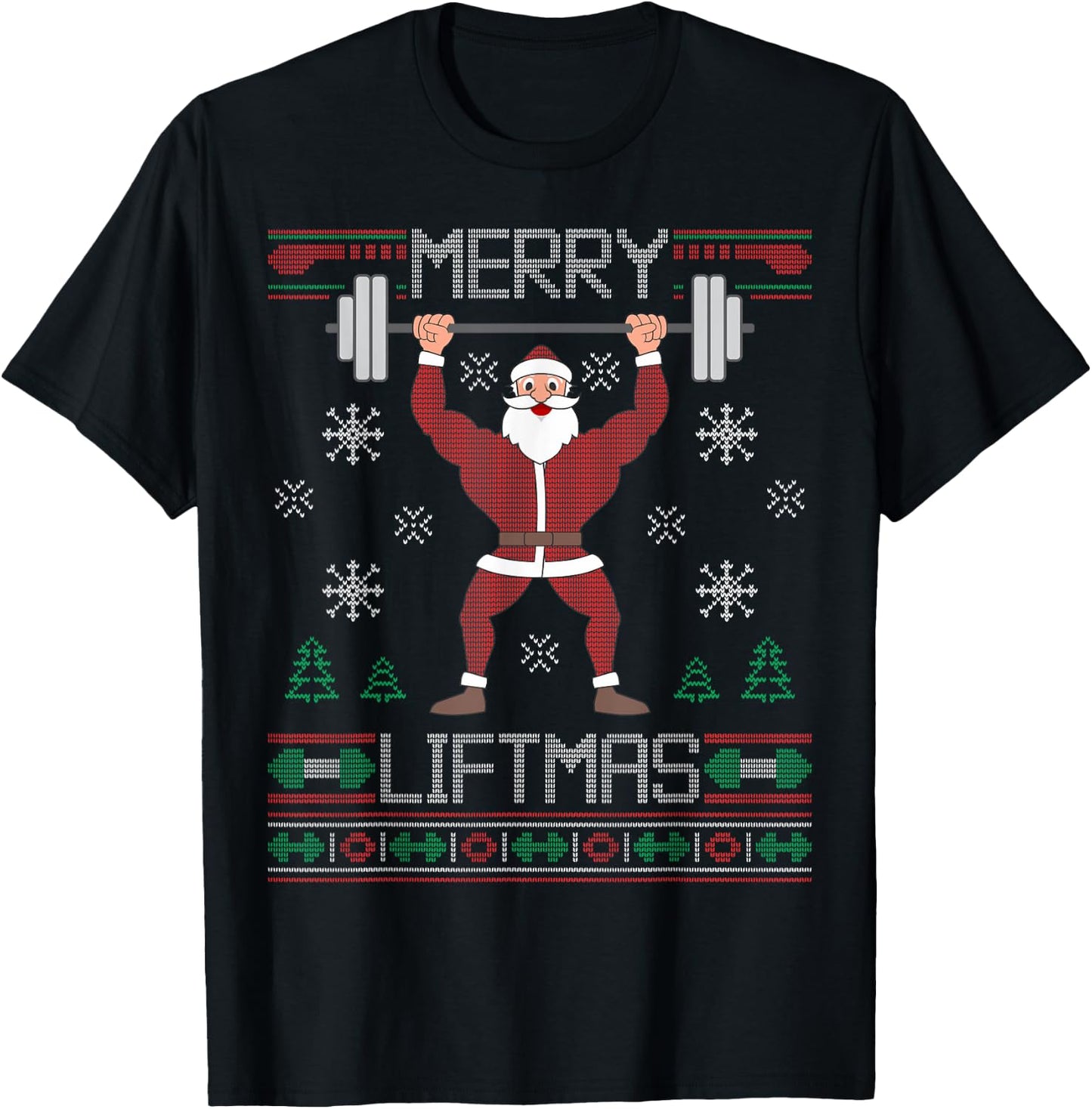 Merry Liftmas Ugly Christmas Sweater Santa Claus Gym Workout T-Shirt - T-Shirt | Black