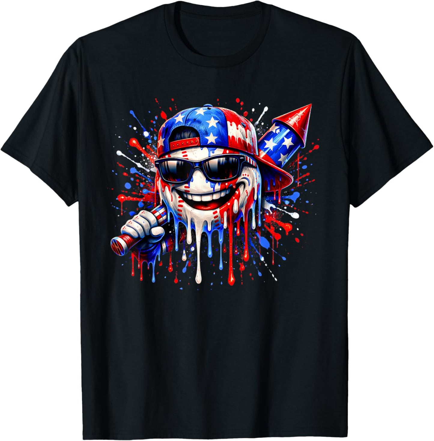 Baseball Drip 4th July USA Flag Patriotic Independence Day T-Shirt - T-Shirt | Black