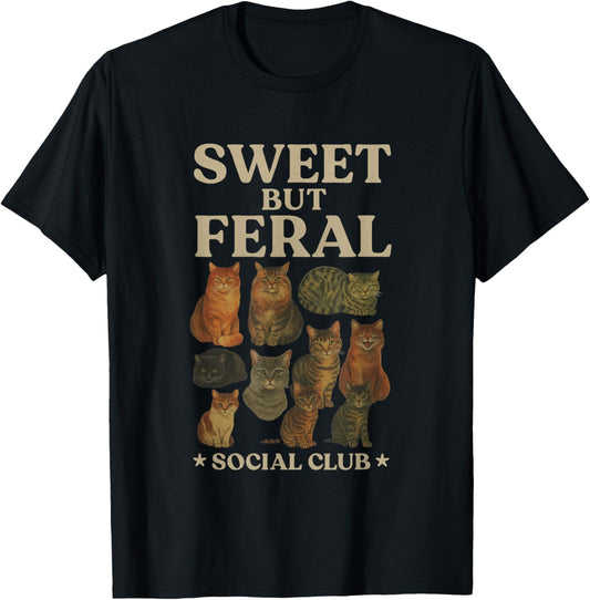 Sweet But Feral – Vintage Cat Lover Graphic Women T-Shirt - T-Shirt | Black
