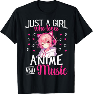 Just a Girl Who Loves Anime and Music Japanese Chibi Teen T-Shirt - T-Shirt | Black