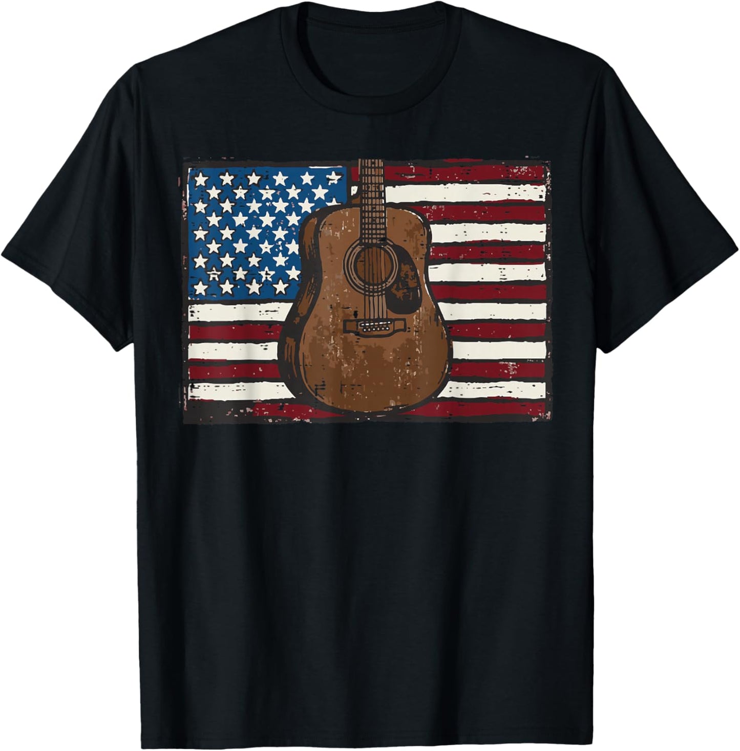 4th of July Acoustic Guitar US Flag Patriotic Men Women Kids T-Shirt - T-Shirt | Black
