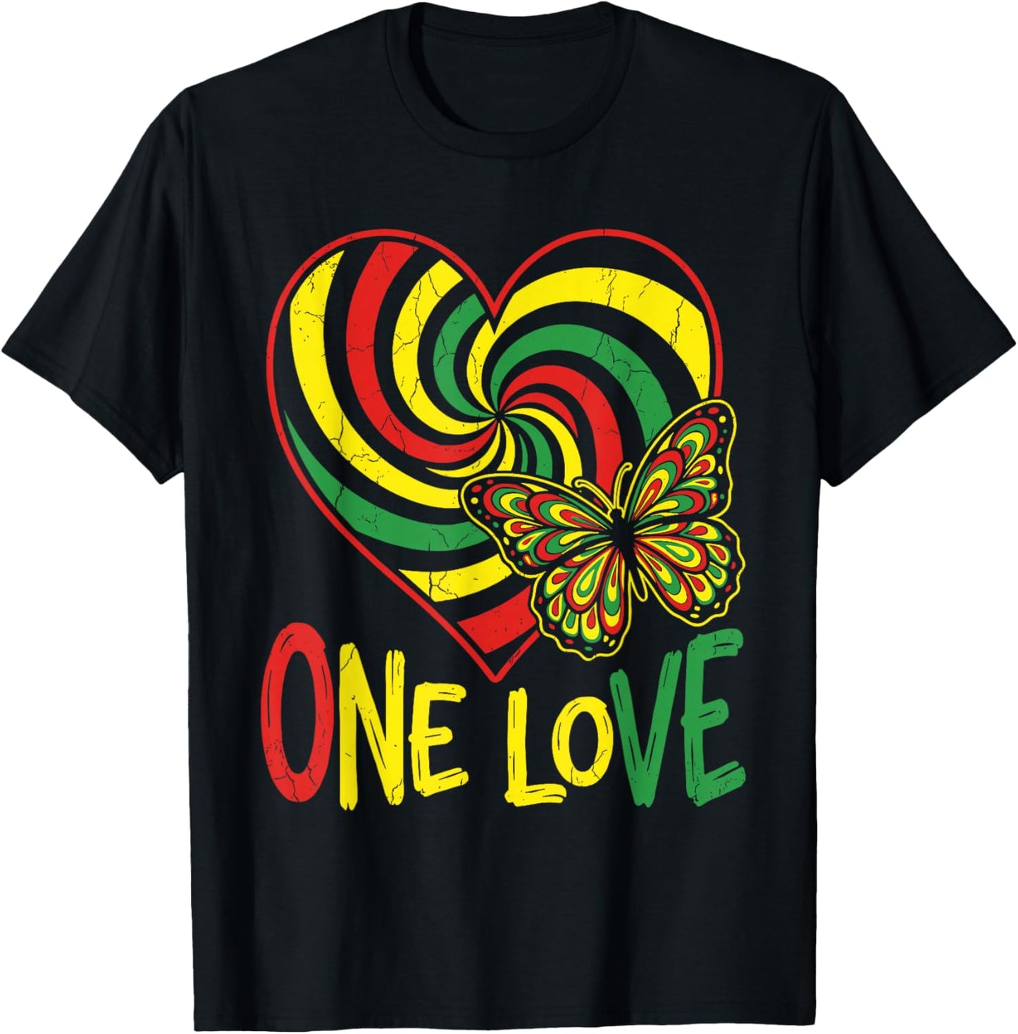 One Love Rasta Heart Butterfly Reggae Roots Jamaica Style T-Shirt - T-Shirt | Black