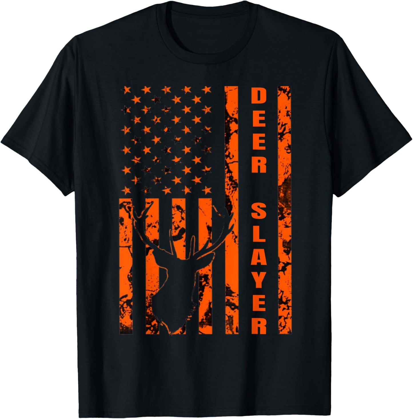 Hunter Orange Camo American Flag Deer Slayer Hunting Lover T-Shirt - T-Shirt | Black