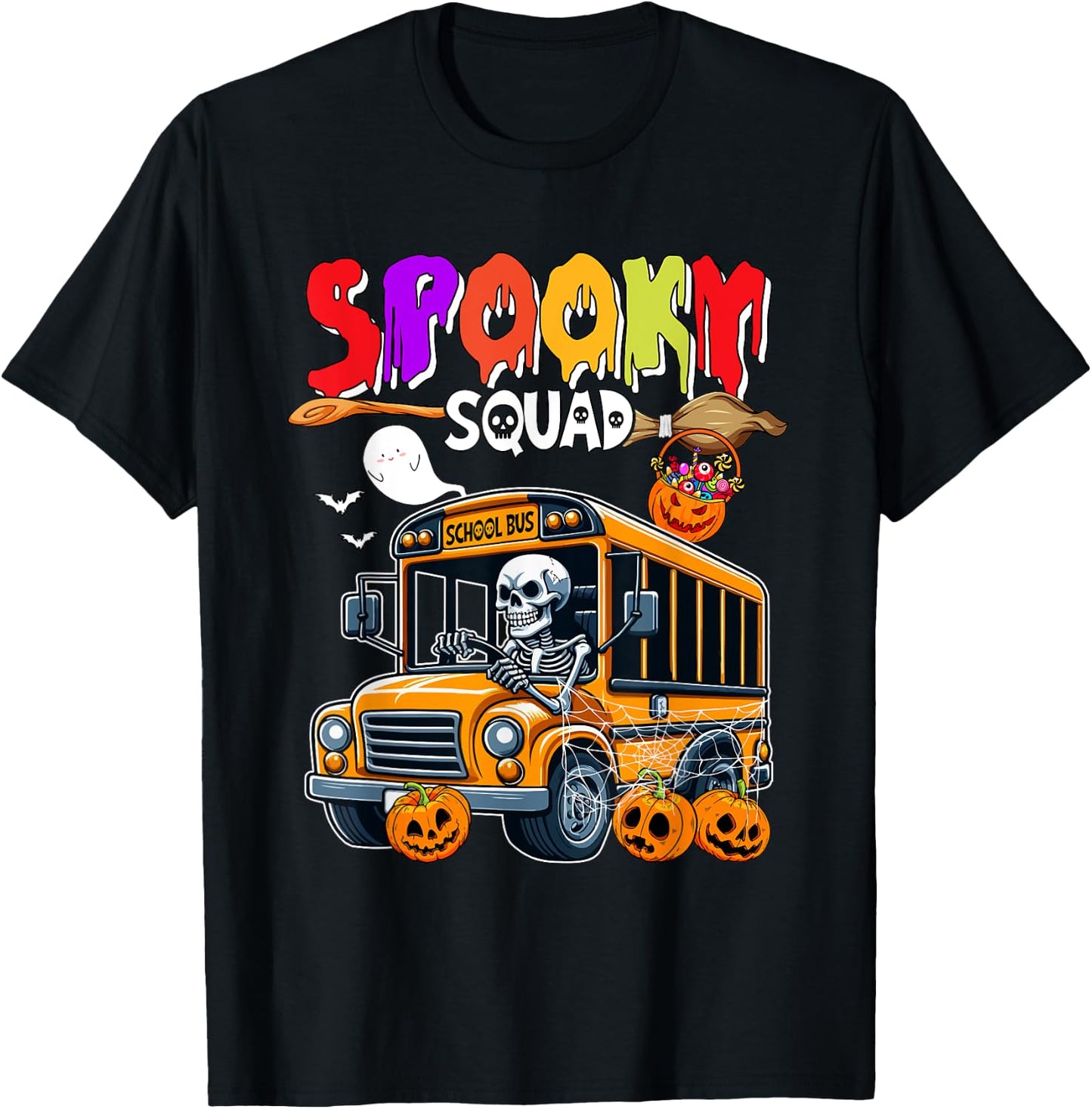 Spooky Halloween Squad Horror Skeleton Driving School Bus T-Shirt - T-Shirt | Black