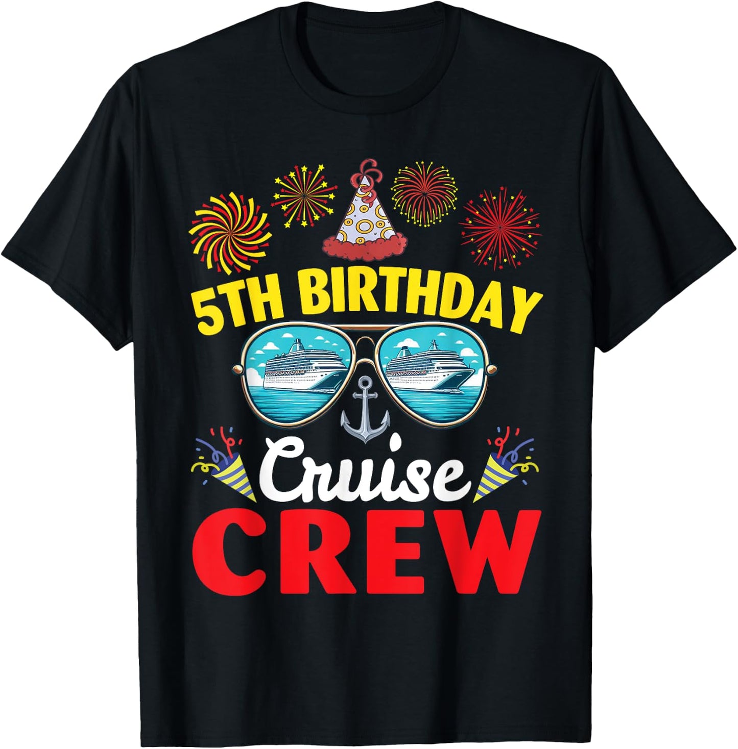 Fireworks Happy 5th Birthday Cruise Crew 5 Years Old Lover T-Shirt - T-Shirt | Black