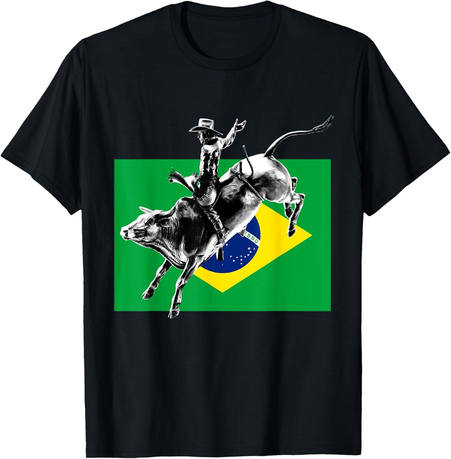 Rodeo Bull Rider Patriotic Flag of Brazil Cowboys T-Shirt - T-Shirt | Black