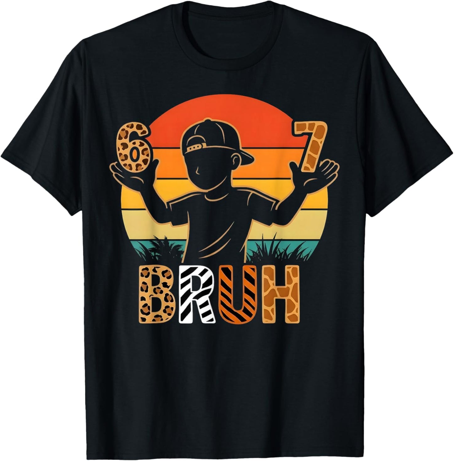 Retro 6 7 Bruh Funny Animal Print 67 Gift Boy Kids T-Shirt - T-Shirt | Black